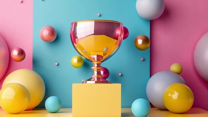 Poster - A shiny trophy sits on a yellow pedestal, surrounded by colorful spheres in shades of pink, blue, and yellow against a bright backdrop. The atmosphere feels festive and celebratory.