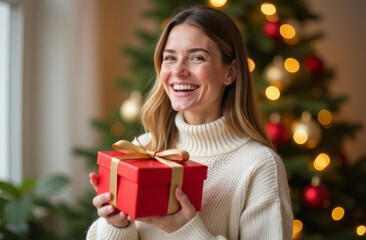 smiling woman holding red gift box with golden ribbon in cozy christmas setting, festive mood concep