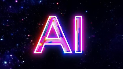 Poster - Glowing neon ai logo appearing on a colorful galaxy background. Great for explainer video, presentation or social media post about artificial intelligence