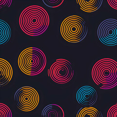 Poster - A seamless pattern with digital gradient blends, where vibrant geometric shapes and circles are interwoven in an optical illusion of depth. 