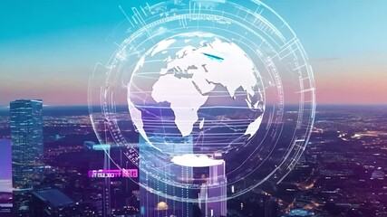 Poster - Digital globe featuring data points overlays a modern city filled with skyscrapers, showcasing a vibrant urban landscape illuminated at night, highlighting technology and connectivity