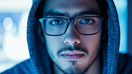 Poster - Programmer wearing glasses and a hoodie stares intensely, illuminated by the blue glow of a computer screen. Focused and serious, he embodies the essence of modern tech work