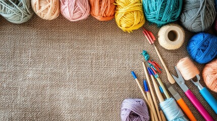Poster - Colorful yarn balls and knitting tools on burlap