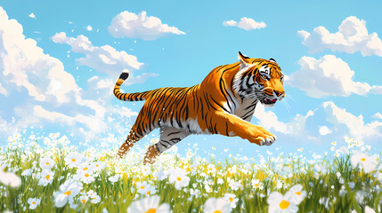 Wall Mural - Tiger chases deerin the prairie white flowers dotted,clean blue sky background, ai generative. Jungle Tiger Chase. Illustration