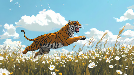 Wall Mural - Tiger chases deerin the prairie white flowers dotted,clean blue sky background, ai generative. Jungle Tiger Chase. Illustration
