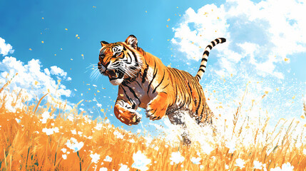 Wall Mural - Tiger chases deerin the prairie white flowers dotted,clean blue sky background, ai generative. Jungle Tiger Chase. Illustration