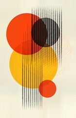 Poster - Abstract art illustration with vibrant colors. Circles in red yellow, black overlap with vertical lines on white background. Modern design with geometric shapes. Artistic, creative composition. Ideal