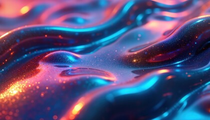 Poster - Fluid holographic liquid surface with dark backgrounds, futuristic brutalism. Abstract design with flowing patterns, vibrant colors. Dynamic texture reminiscent of liquid metal silk.