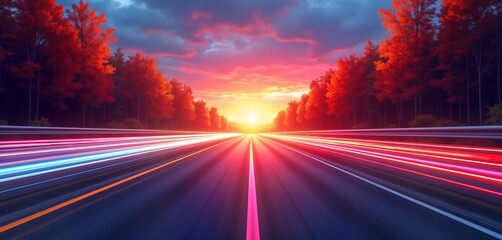 Poster - Highway leads to sunrise. Colorful light trails show speed. Autumn trees line road. Fast movement. Vivid sunset colors. Futuristic transportation concept. Modern urban scene. Travel by car. Road trip.