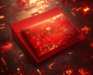 Poster - A close-up view of a red circuit board with intricate electronic components and glowing lights, showcasing the advanced technology and modern design principles in electronics.