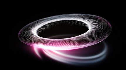Wall Mural - glowing pink and silver colored ring with reflection, circle, hoop, wheel on a black background.