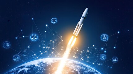 Futuristic Rocket Launching from Earth with Bright Flames and Digital Networking Icons Representing Technology and Innovation in Space Exploration
