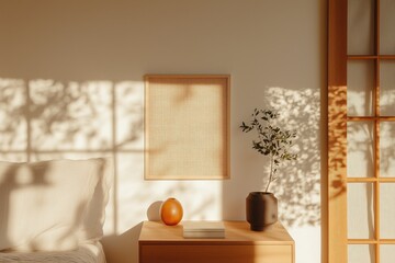 Wall Mural - Minimalist Bedroom Aesthetic: A Cozy Space with Natural Light and Rattan Accents