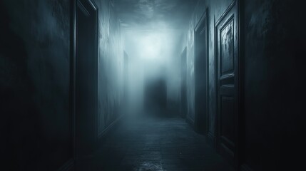 minimalistic background of a creepy dark room, mist only