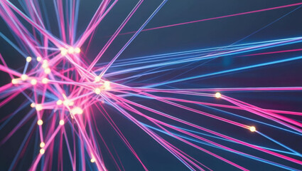 Poster - Vibrant neon pathways create abstract tech web with glowing fiber optics, showcasing ultra modern data visualization in dynamic background