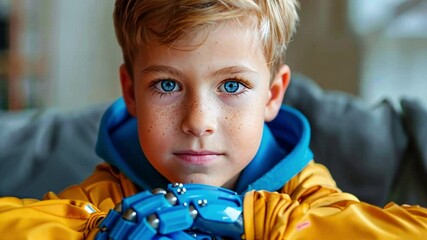 Poster - A young boy sits thoughtfully with his chin resting on a blue robotic hand. He has bright blue eyes and freckles, wearing a yellow jacket, with a cozy indoor environment in the background.