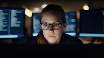 Poster - Tech professional analyzing data office space digital workspace nighttime focused mindset