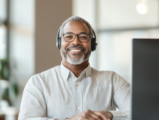 Poster - Professional man working remotely home office portrait modern environment smiling concept