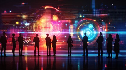 Aufkleber - Silhouetted Figures Observe Vibrant Digital Data Display