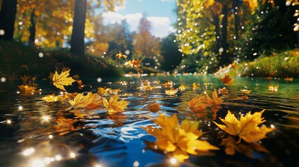 Wall Mural - Golden Leaves Floating on a Forest Stream