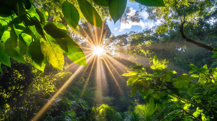 Poster - Golden Sun Rays Through a Rainforest Canopy
