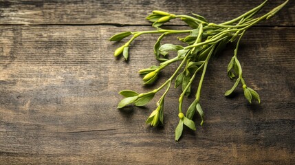 Poster - Green Plant Sprig on Dark Wooden Surface