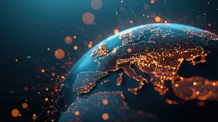 Poster - A rotating, translucent Earth with glowing nodes and intricate lines representing global data connections, highlighting continents and major cities.
