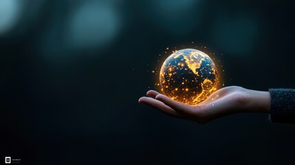 Poster - A hand holding a glowing globe with continents outlined by interconnected data points, representing the power of global communication and technology.