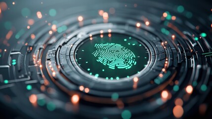 Poster - A close up shot of a fingerprint scanner with a glowing green light, representing biometric authentication and secure access control.