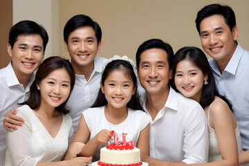 Happy asian family celebrating birthday with cake and candles