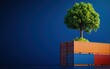 © tanapat - A vibrant image featuring a tree growing atop stacked shipping containers against a deep blue background, symbolizing sustainability and innovation.