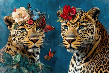 Poster - Two leopards wearing flower arrangements on their heads, a unique and colorful scene