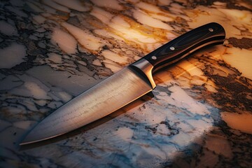 Poster - A large knife resting on a smooth marble countertop