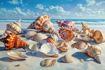Poster - A picture of seashells scattered on a sandy beach, perfect for travel or coastal-themed designs