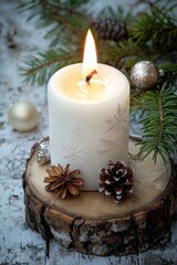 Aufkleber - A single lit candle placed on top of a piece of wood, ideal for use in still life compositions or as a symbol of warmth and light