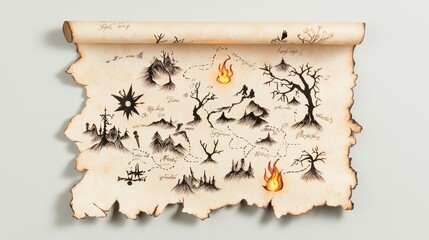 Poster - a treasure map on aged parchment, complete with burn marks, coffee stains, faded ink, and handwritte