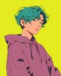 © Whiteney - Stylish Teen Boy with Teal Hair and Purple Hoodie, Vibrant Yellow Background