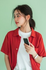 Poster - A woman holds a cell phone while wearing a red shirt