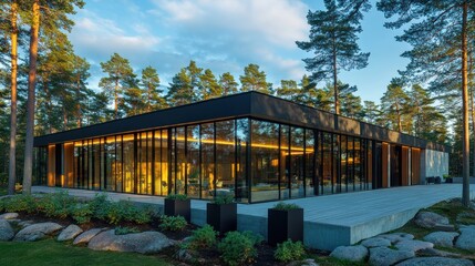 Wall Mural - Modern Glass House in a Pine Forest