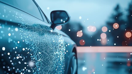Poster - a high tech map interface used for navigation in a futuristic vehicle, with a heads up display proje