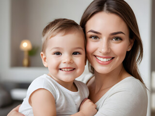 Happy mother holding and smiling with her cheerful toddler son at home