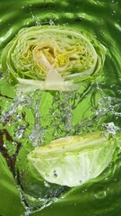 Poster - Super Slow Motion Shot of Splashing Fresh Lettuces . Filmed on High Speed Cinematic Camera at 1000fps .