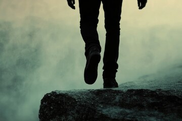 Aufkleber - A person stands at the edge of a large rock outcropping, overlooking the landscape