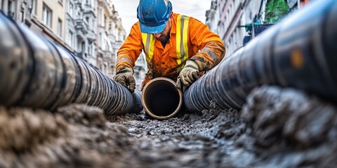 Poster - A worker in an orange jacket and blue helmet is inspecting or repairing a pipe