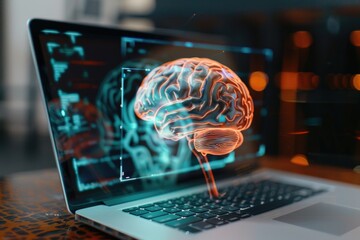 Poster - a laptop computer with a glowing brain on the screen, perfect for futuristic or sci-fi concept image