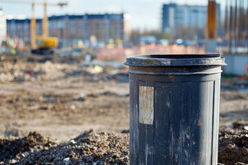 Poster - A trash can sits atop a heap of earthy debris, ideal for use in scenes depicting environmental concerns or everyday life