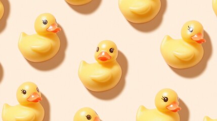 A group of bright yellow rubber ducks sitting together on a surface