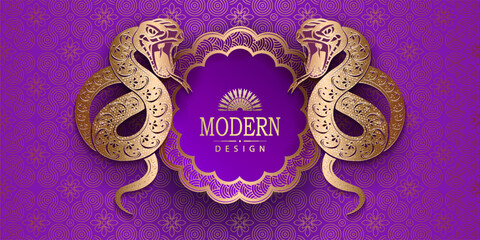Wall Mural - Happy Chinese New Year, purple card with round frame and isolated snakes.