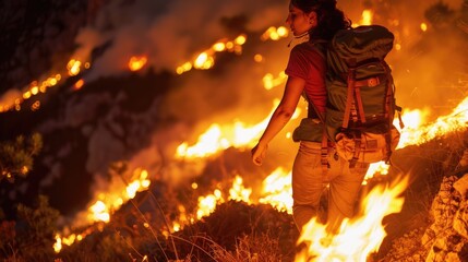 Poster - A woman stands in front of a crackling fire, wearing a backpack and surrounded by wilderness