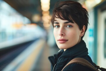 Poster - A woman stands alone on the platform waiting for her train, ideal for travel or adventure themes